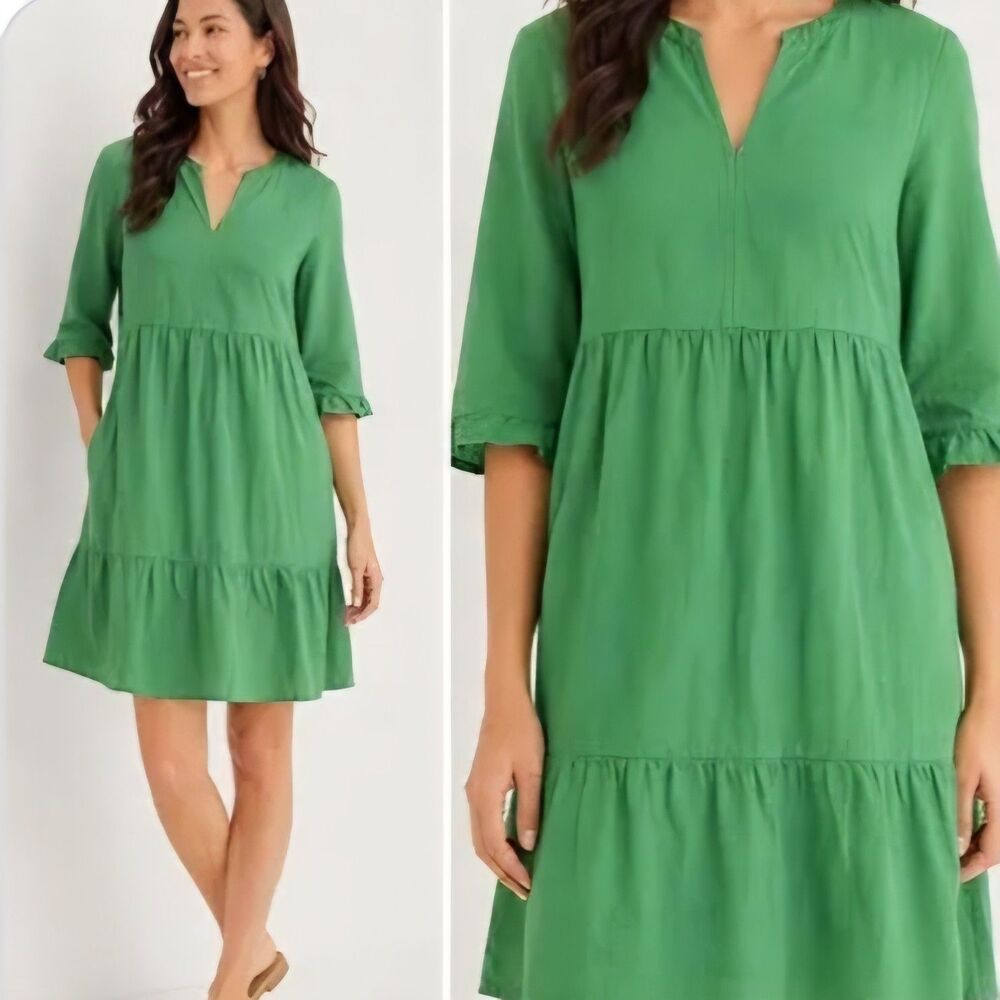 J. Jill Green Tiered V-Neck Linen Blend Midi Dress 3/4 Sleeve Boho Coastal XL